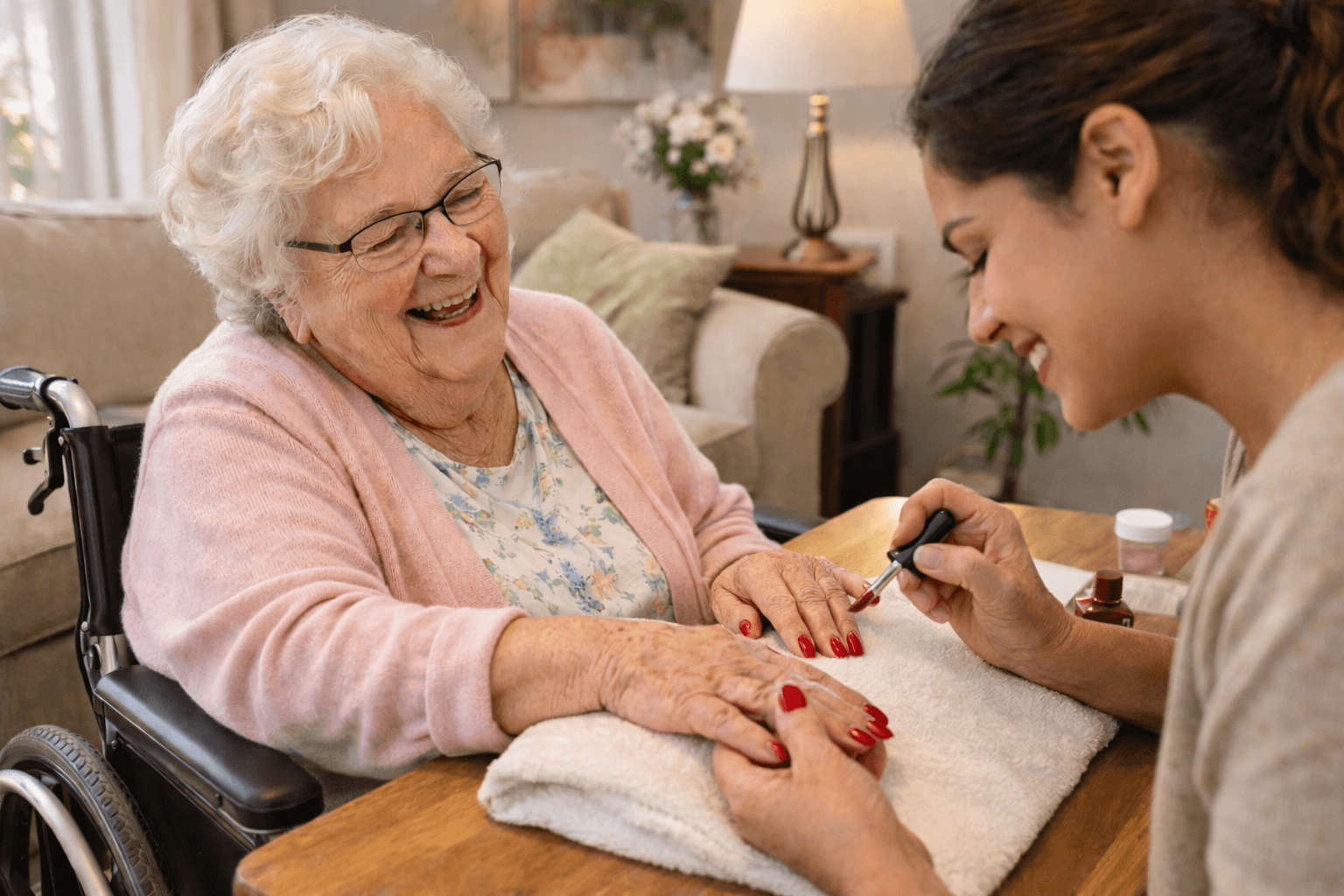 Caregiver providing nail care and companionship to senior woman at home.