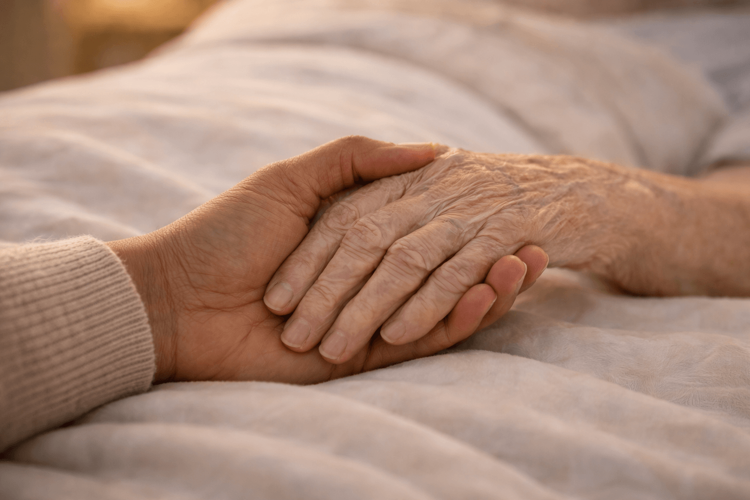 Caregiver gently holding senior’s hand during end-of-life care at home.
