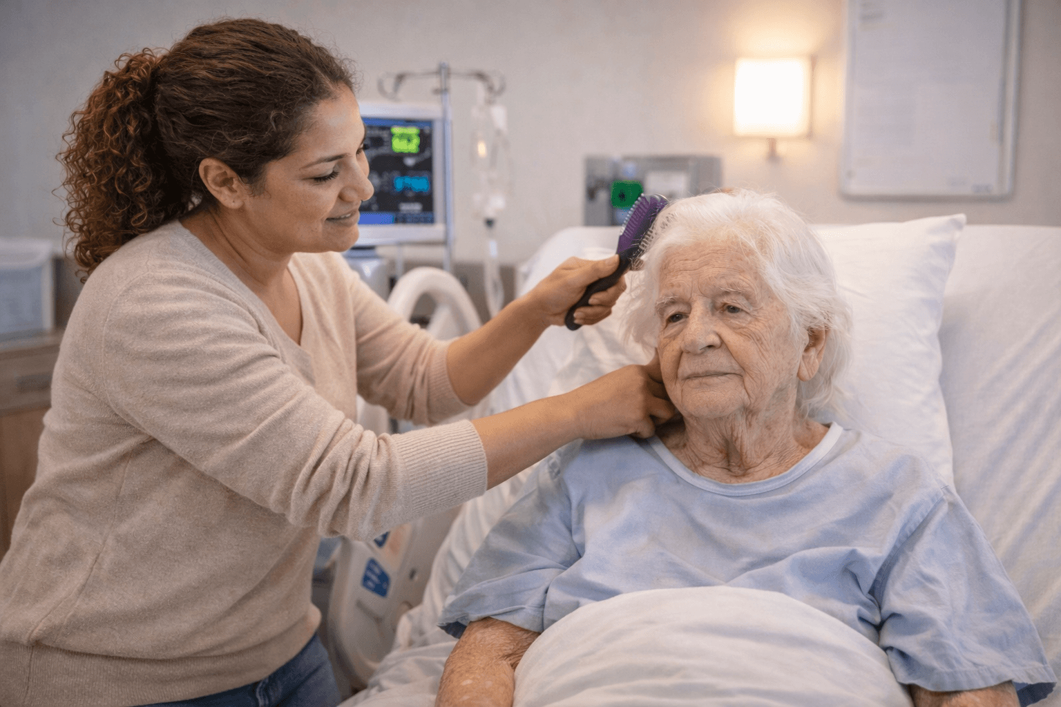 Caregiver providing personal grooming assistance to senior woman during hospital stay.