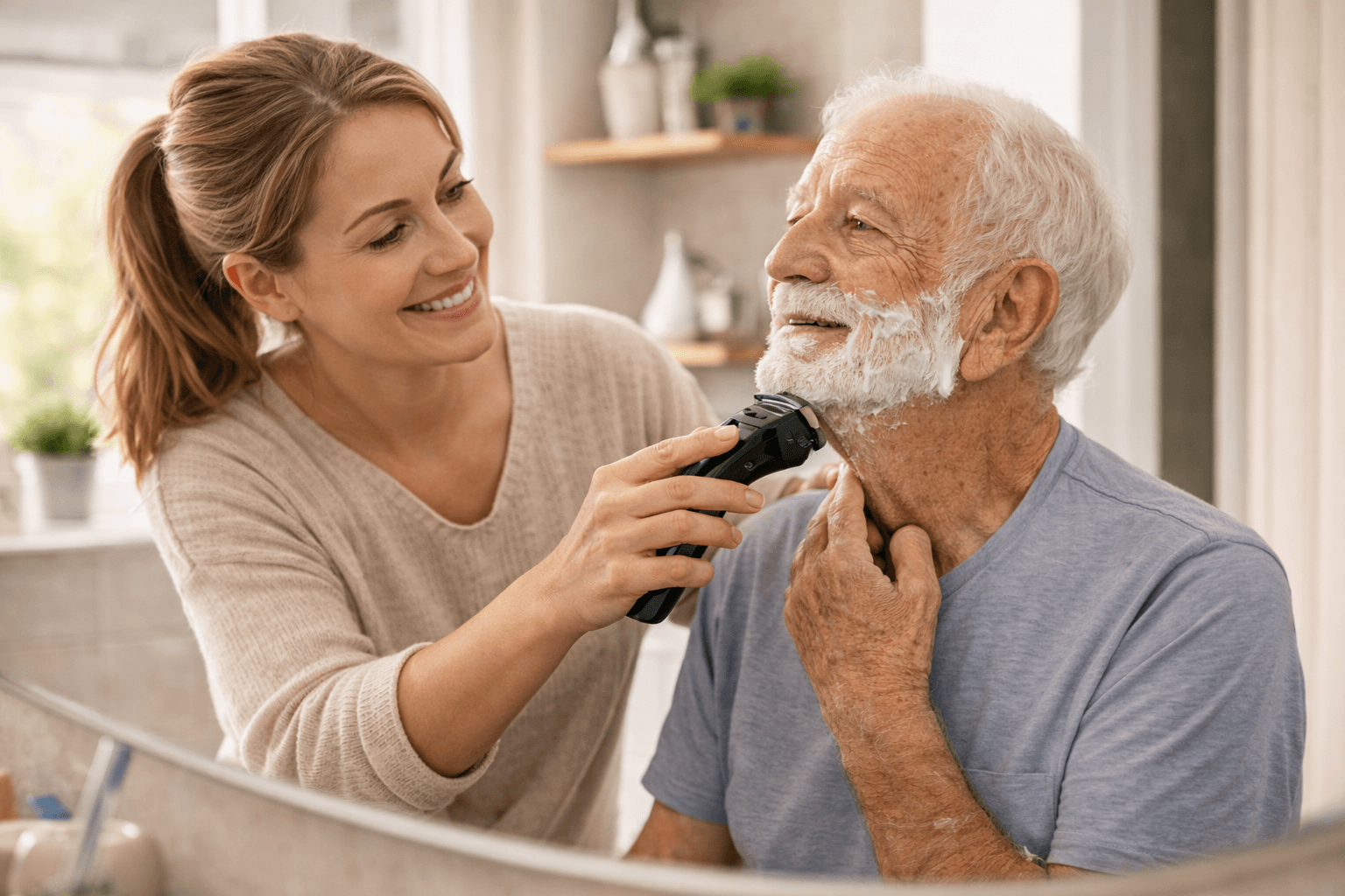 Caregiver providing gentle personal care assistance at home for a senior man