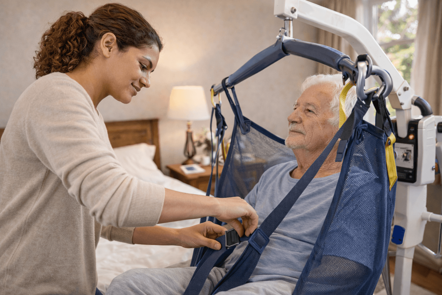 Caregiver using patient lift to safely transfer senior man during post-surgery recovery at home.