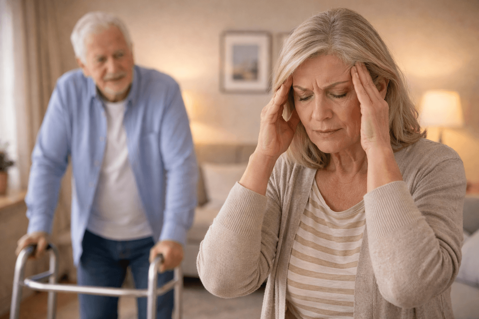 Family caregiver feeling overwhelmed while caring for senior husband at home.