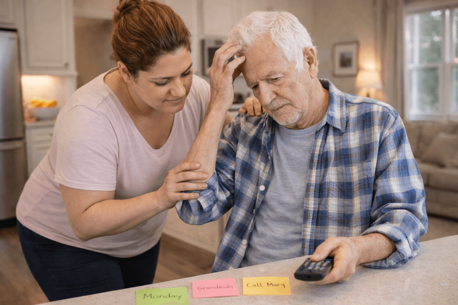 Caregiver providing calm dementia care support at home for an older adult